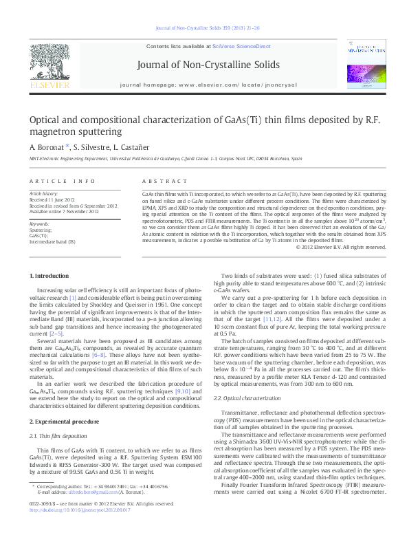 Pdf Optical And Compositional Characterization Of Gaas Ti Thin Films Deposited By R F Magnetron Sputtering S Silvestre Academia Edu