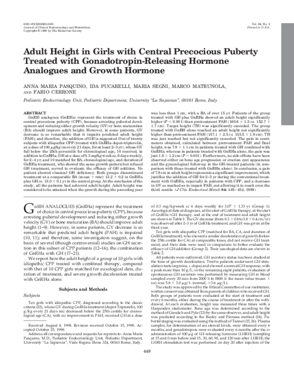 (PDF) Adult Height in Girls with Central Precocious Puberty Treated ...