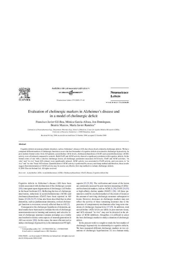 (PDF) Evaluation of cholinergic markers in Alzheimer's disease and in a ...