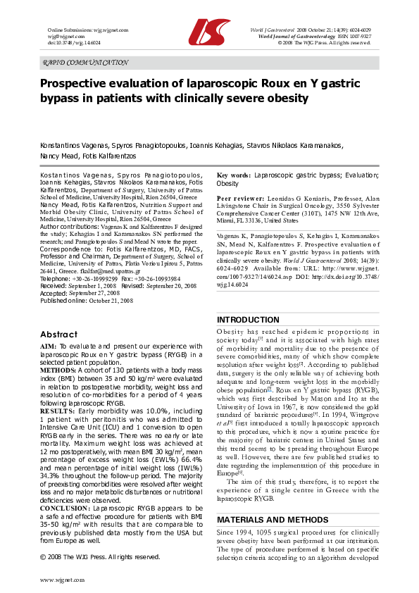 (PDF) Prospective evaluation of laparoscopic Roux en Y gastric bypass ...