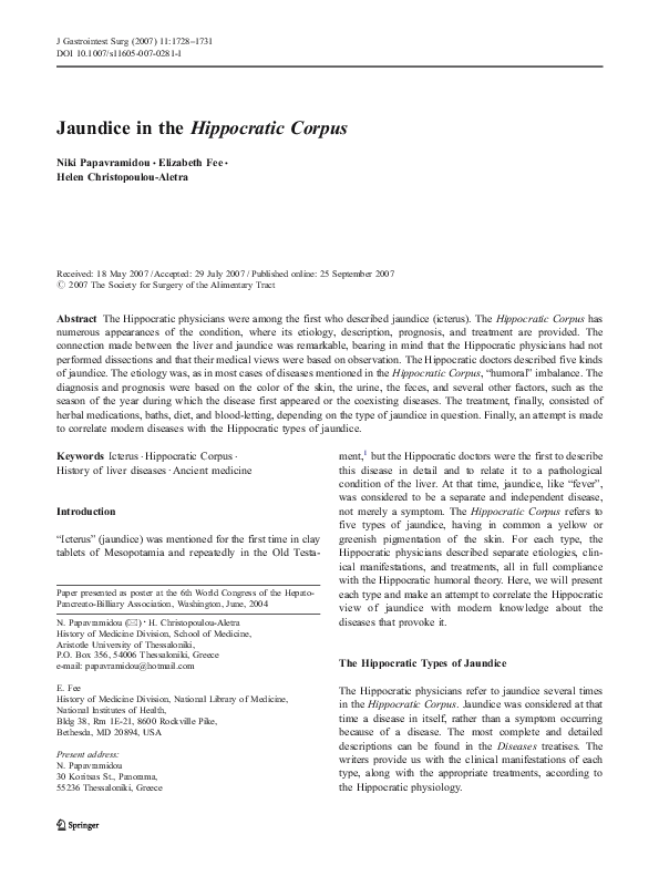 (PDF) Jaundice in the Hippocratic Corpus | Niki Papavramidou - Academia.edu