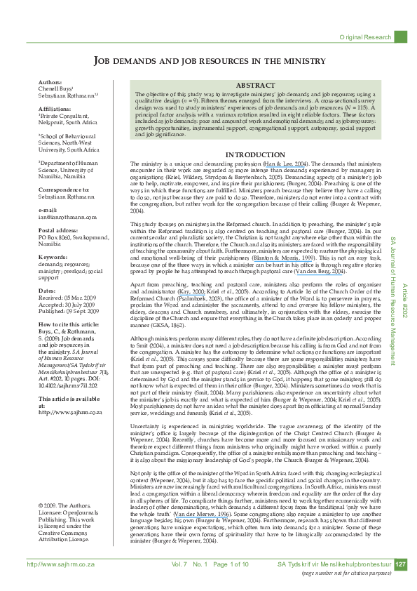 (PDF) Job demands and job resources in the ministry