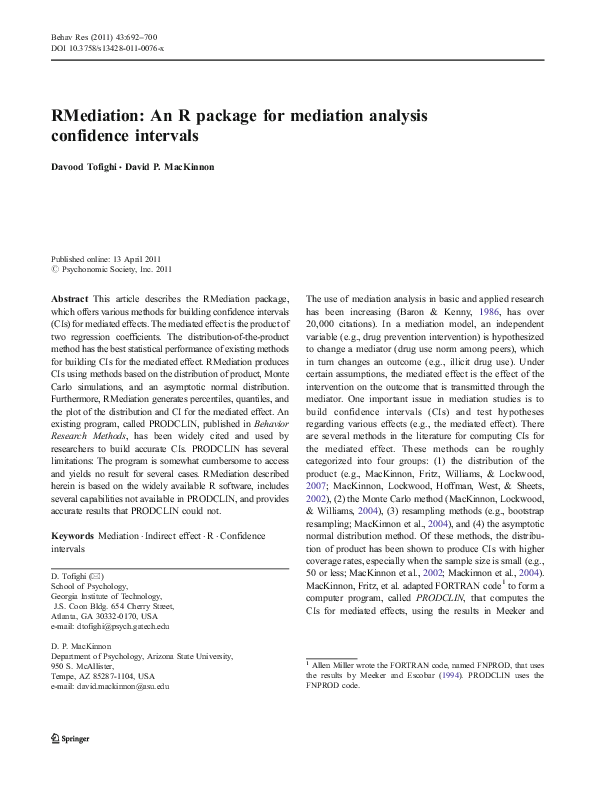 Pdf Rmediation An R Package For Mediation Analysis Confidence Intervals Pdf Rmediation An R Package For Mediation Analysis Confidence Intervals