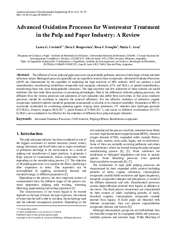 (PDF) Advanced Oxidation Processes for Wastewater Treatment in the Pulp