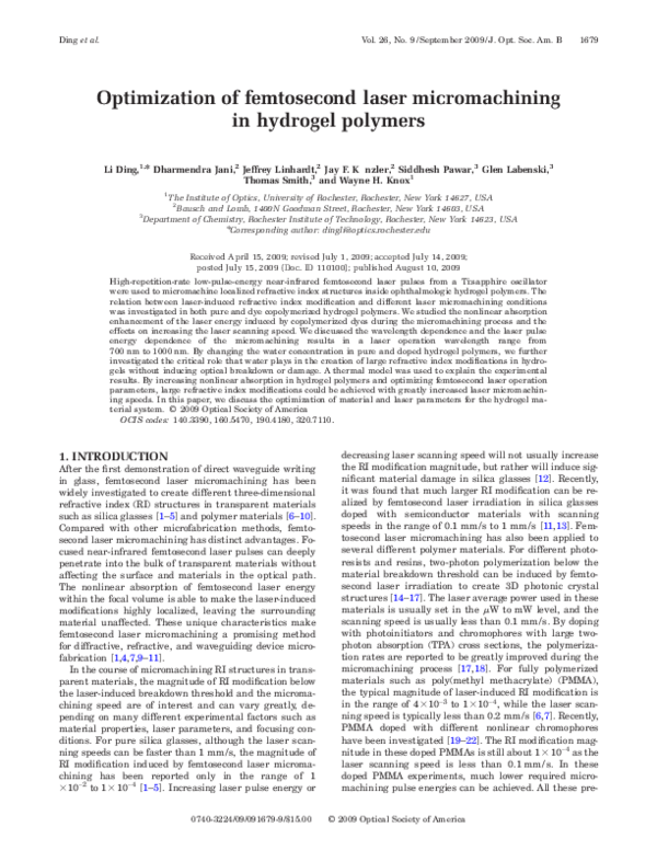 (PDF) Optimization of femtosecond laser micromachining in hydrogel polymers
