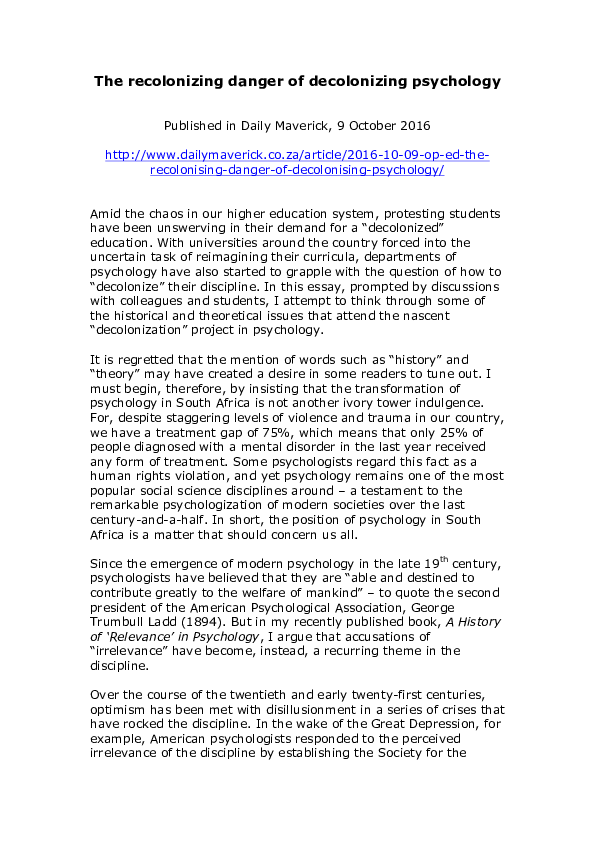 (PDF) The recolonizing danger of decolonizing psychology