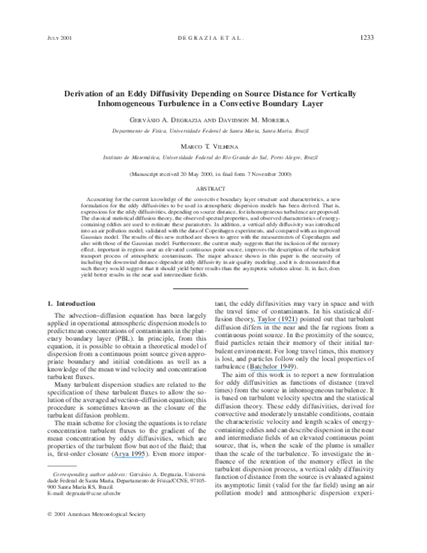 (PDF) Derivation of an Eddy Diffusivity Depending on Source Distance ...