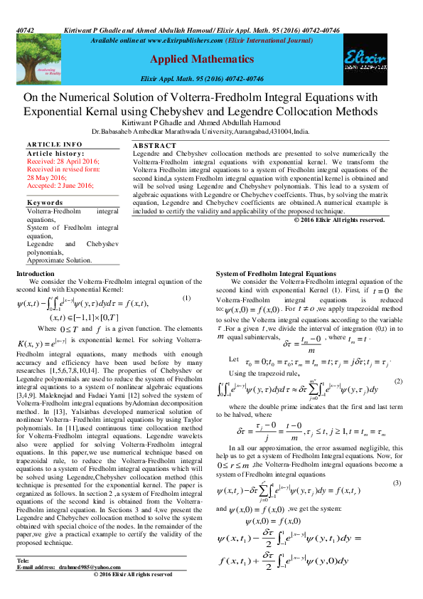 Pdf On The Numerical Solution Of Volterra Fredholm Integral Equations With Exponential Kernal Using Chebyshev And Legendre Collocation Methods Ahmed A Hamoud Academia Edu