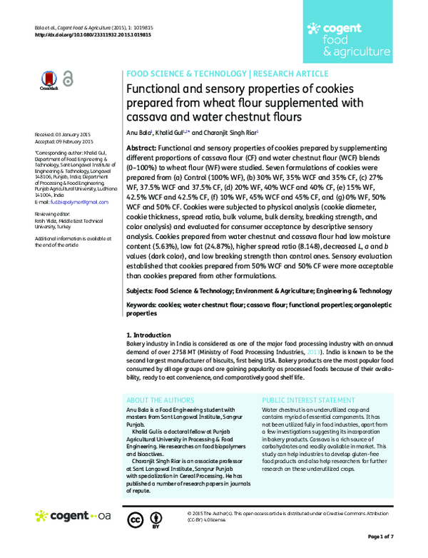 (PDF) Functional and sensory properties of cookies prepared from wheat ...