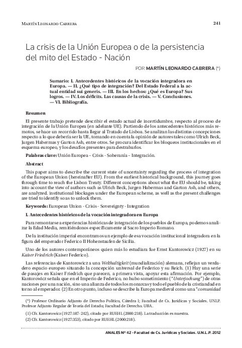 (PDF) La crisis de la Unión Europea o de la persistencia del mito del ...