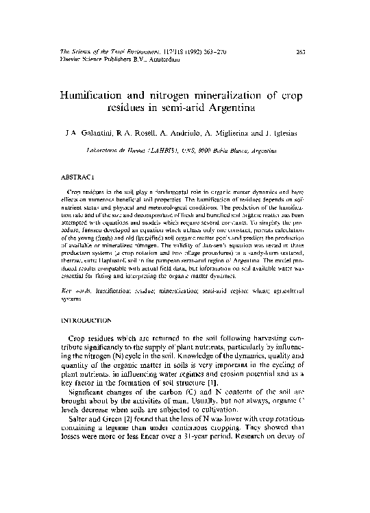 (PDF) Humification and nitrogen mineralization of crop residues in semi ...