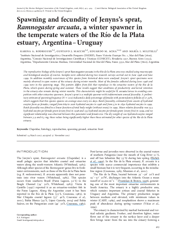 (PDF) Spawning and fecundity of Jenyns's sprat, Ramnogaster arcuata, a