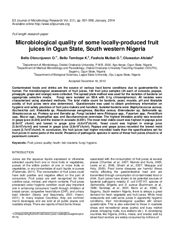 (PDF) Microbiological quality of some locallyproduced fruit juices in