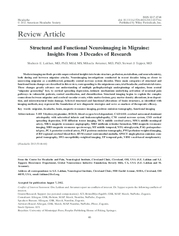 (PDF) Structural and Functional Neuroimaging in Migraine: Insights From ...