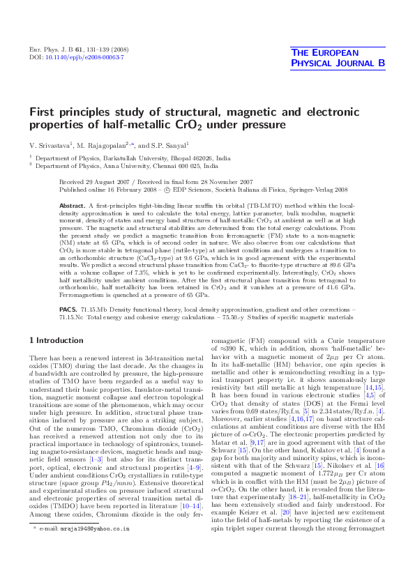 (PDF) First principles study of structural, magnetic and electronic ...