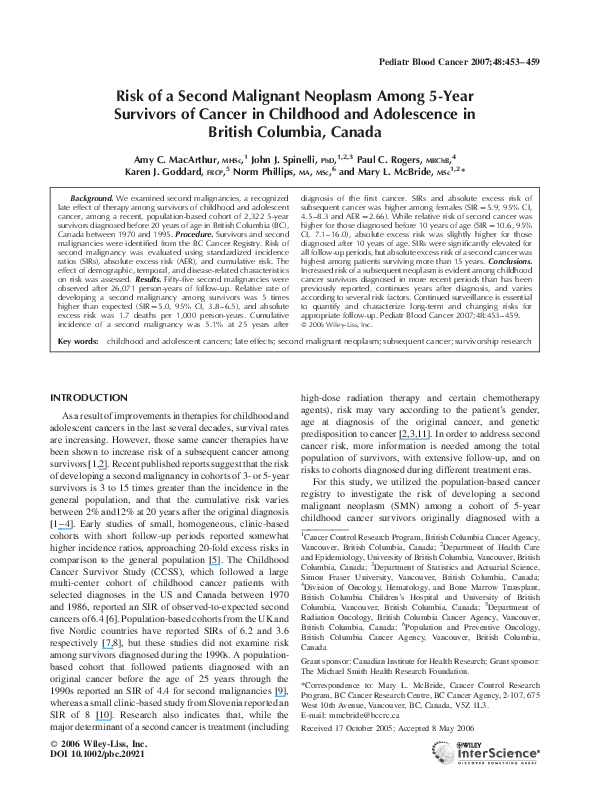 (PDF) Risk of a second malignant neoplasm among 5-year survivors of ...