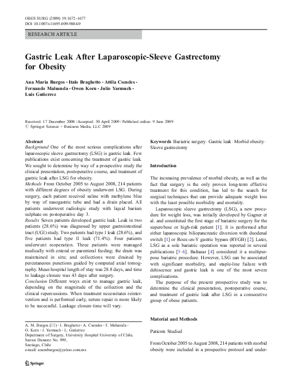 (PDF) Gastric Leak After Laparoscopic Sleeve Gastrectomy ricardo