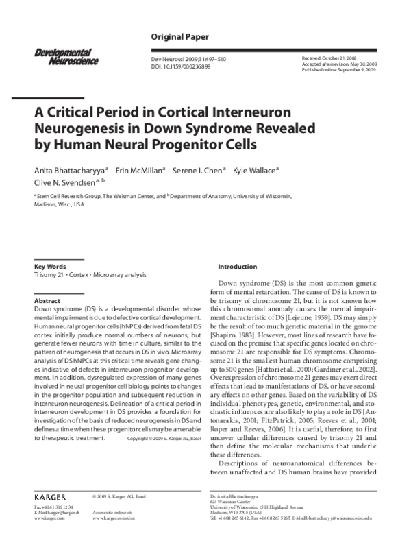 (PDF) A Critical Period in Cortical Interneuron Neurogenesis in Down ...