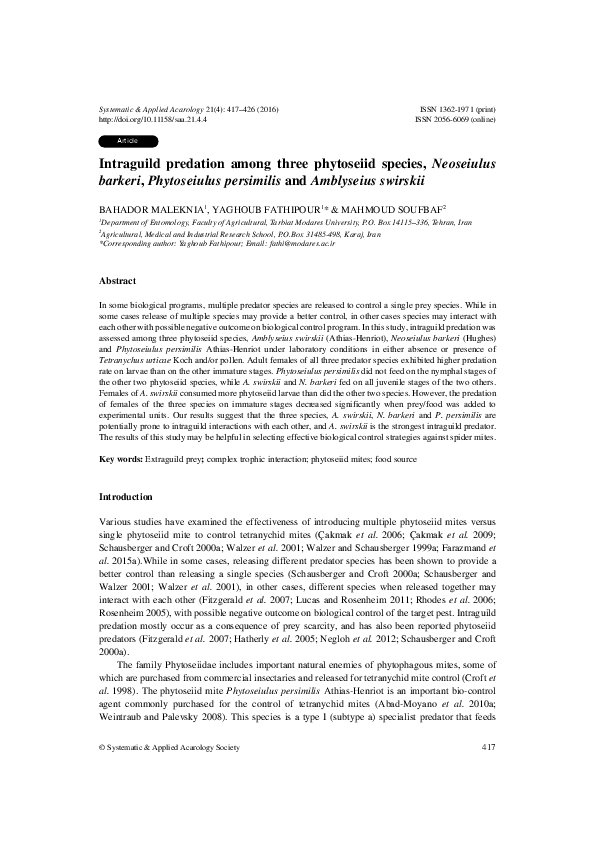 (PDF) Intraguild predation among three phytoseiid species, Neoseiulus ...