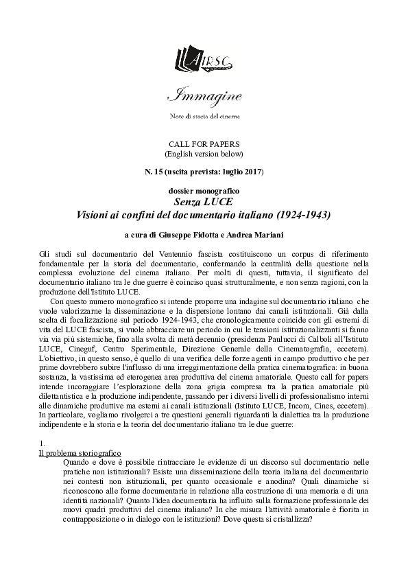(PDF) Call for Papers Immagine. Note
