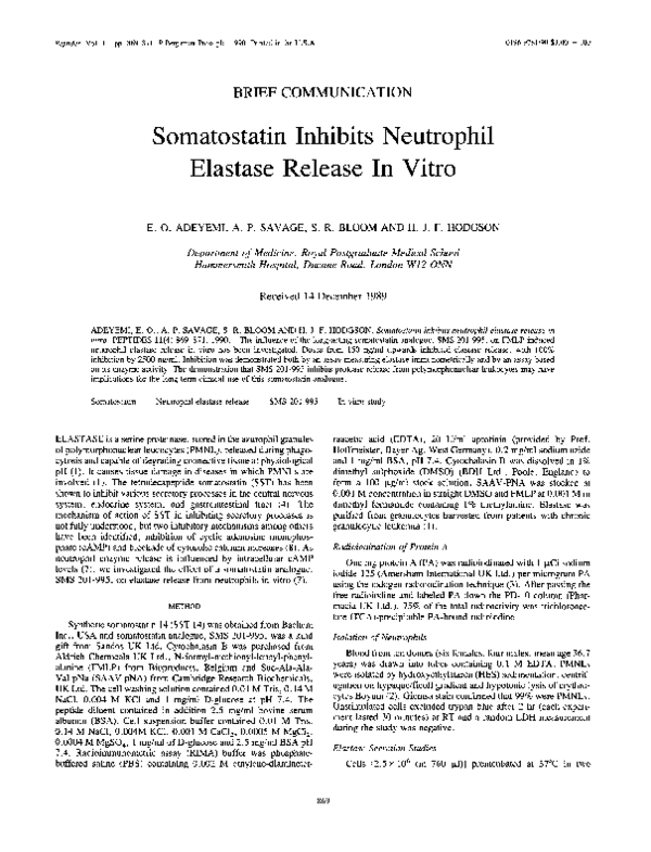 (PDF) Somatostatin inhibits neutrophil elastase release in vitro