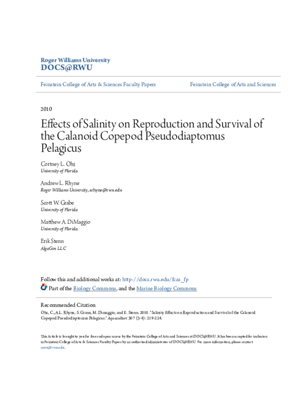 (PDF) Effects of salinity on reproduction and survival of the calanoid ...