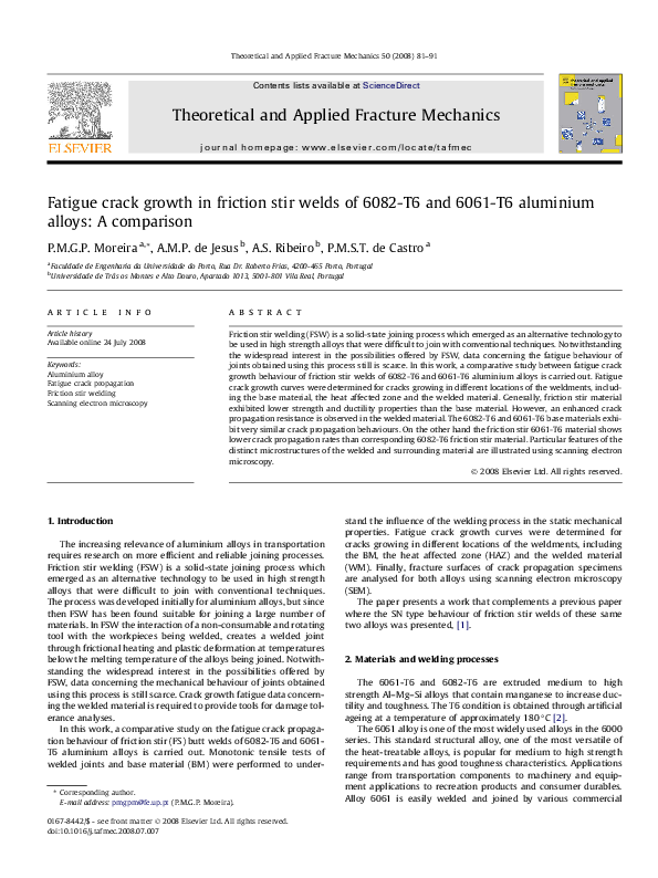 (PDF) Fatigue crack growth in friction stir welds of 6082-T6 and 6061 ...