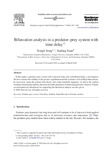 (PDF) Bifurcation analysis in a predator–prey system with time delay
