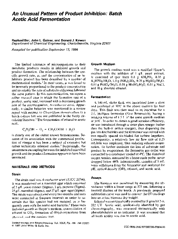 (PDF) An unusual pattern of product inhibition: Batch acetic acid ...