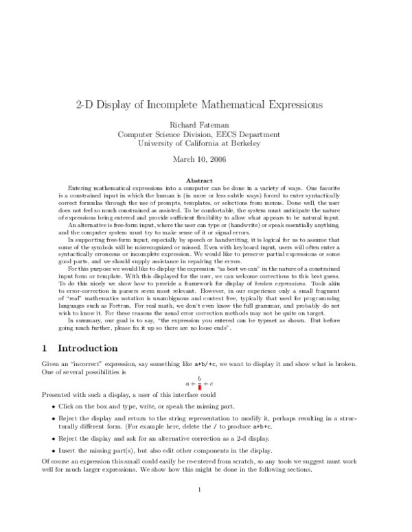 (PDF) 2-D Display of Incomplete Mathematical Expressions