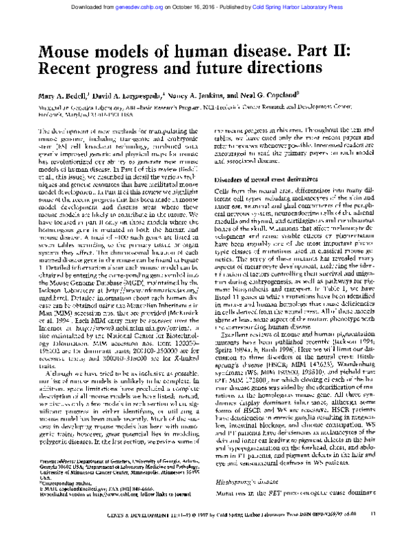 (PDF) Mouse models of human disease. Part II: recent progress and ...