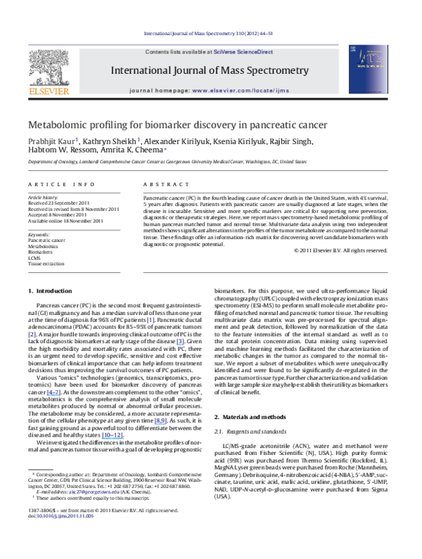 (PDF) Metabolomic profiling for biomarker discovery in pancreatic cancer