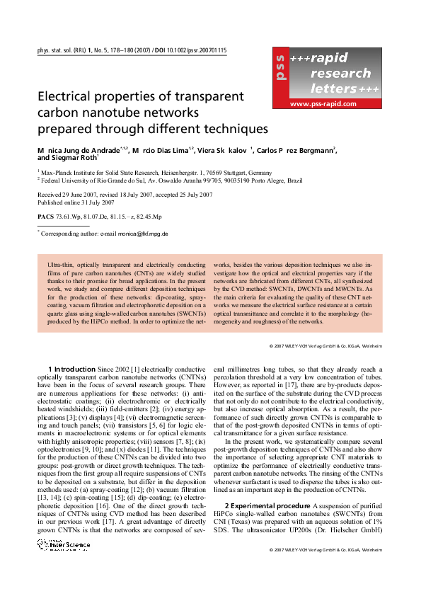 (PDF) Electrical properties of transparent carbon nanotube networks ...