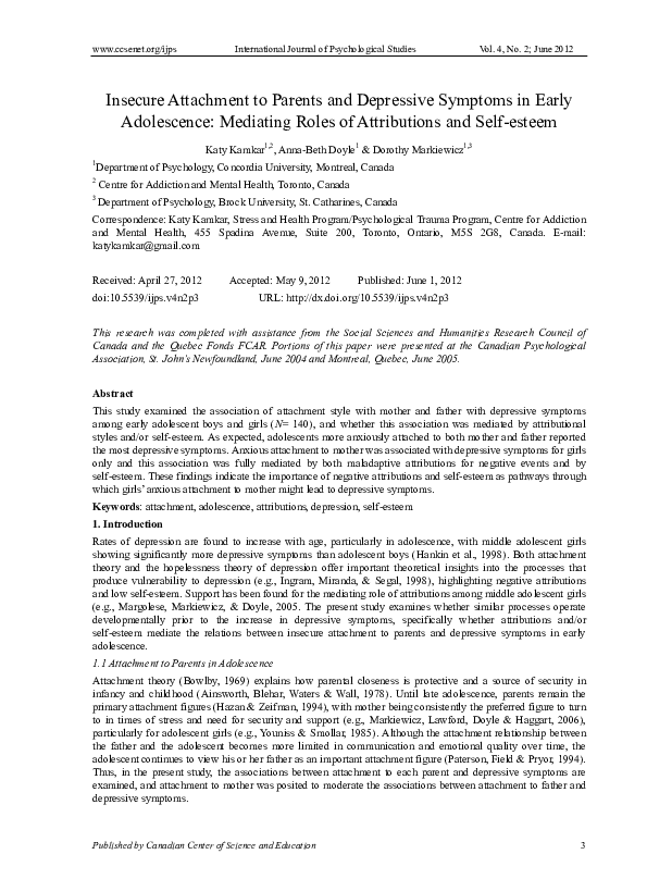(PDF) Insecure Attachment to Parents and Depressive Symptoms in Early ...
