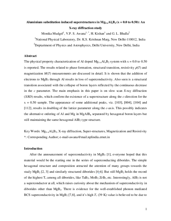 (PDF) Aluminium substitution induced superstructures in Mg 1− x Al x B ...