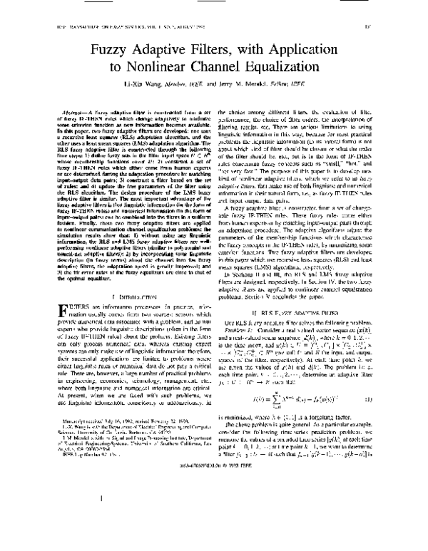 (PDF) Fuzzy adaptive filters, with application to nonlinear channel ...