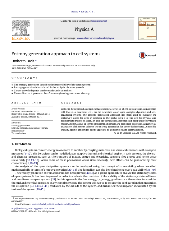 Entropy generation approach to cell systems