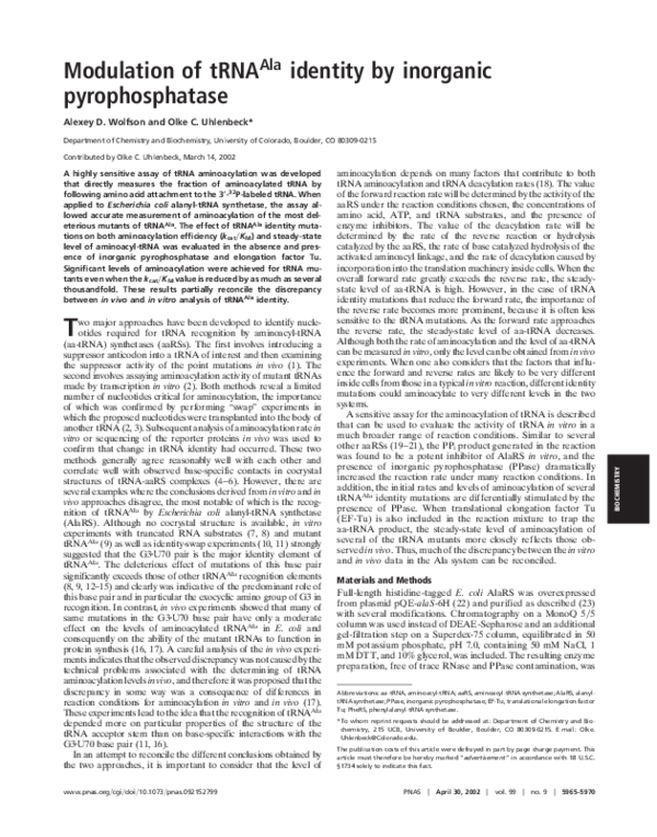 (PDF) Modulation of tRNAAla identity by inorganic pyrophosphatase