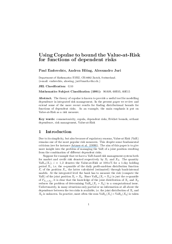 (PDF) Using Copulae to bound the Value-at-Risk for functions of ...