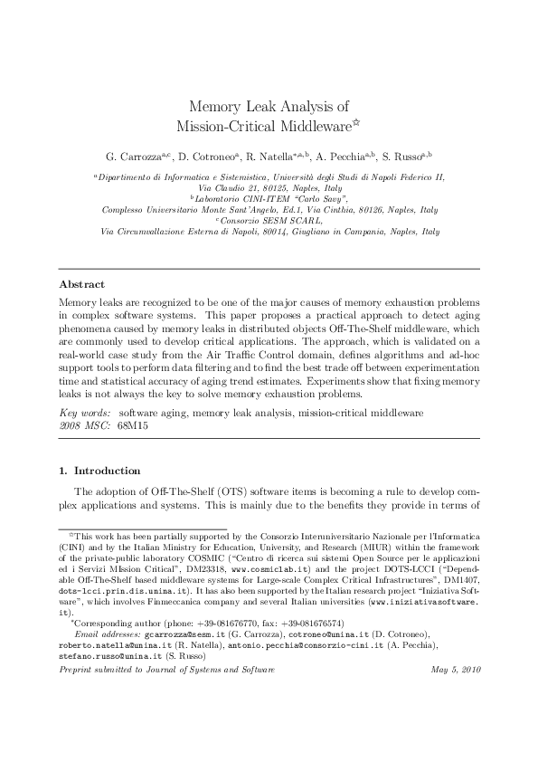 (PDF) Memory leak analysis of missioncritical middleware