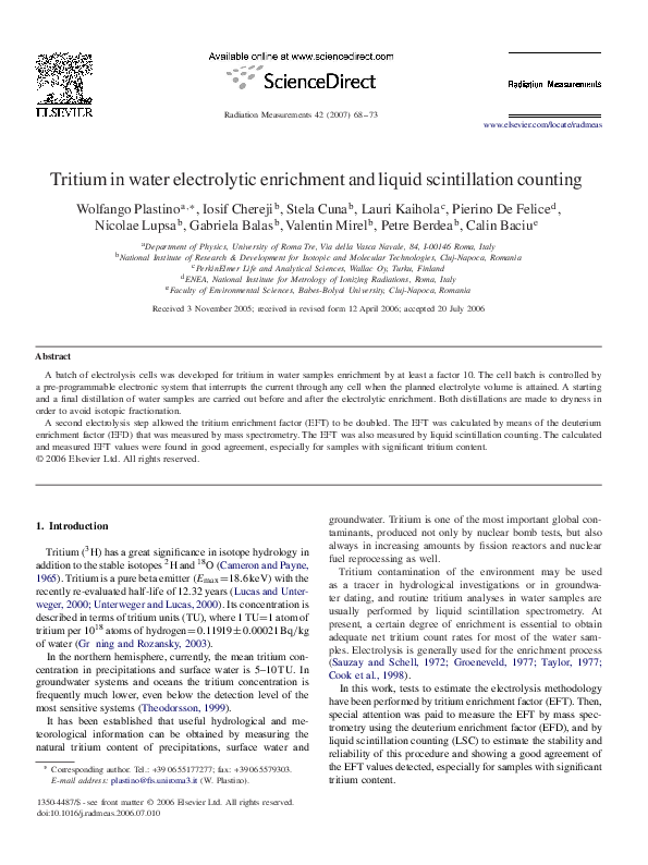 (PDF) Tritium in water electrolytic enrichment and liquid scintillation