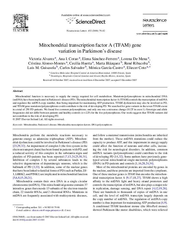 (PDF) Mitochondrial transcription factor A (TFAM) gene variation in ...