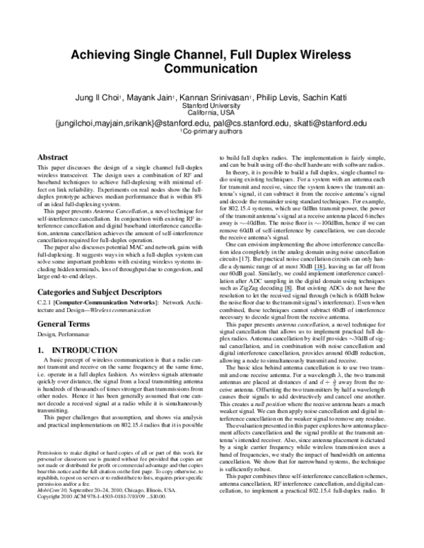 (PDF) Achieving single channel, full duplex wireless communication