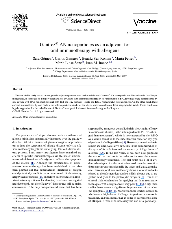 (PDF) Gantrez ® AN nanoparticles as an adjuvant for oral immunotherapy ...