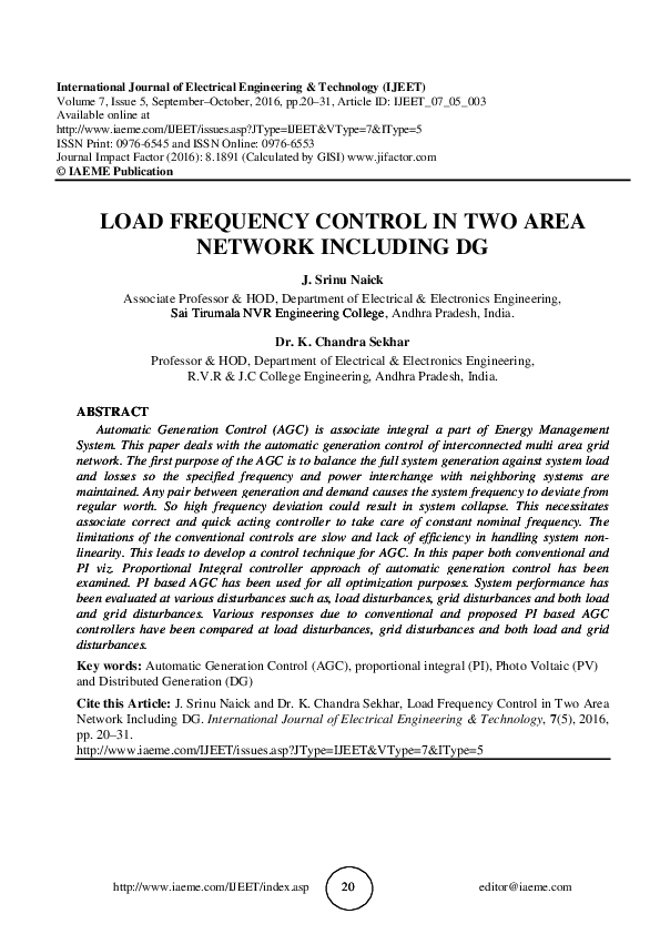 (PDF) LOAD FREQUENCY CONTROL IN TWO AREA NETWORK INCLUDING DG