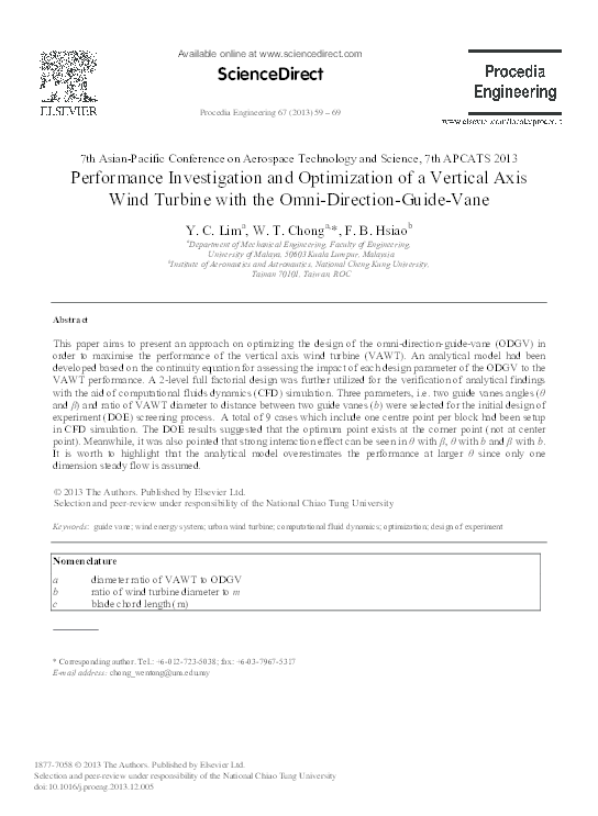 (PDF) Performance Investigation and Optimization of a Vertical Axis ...