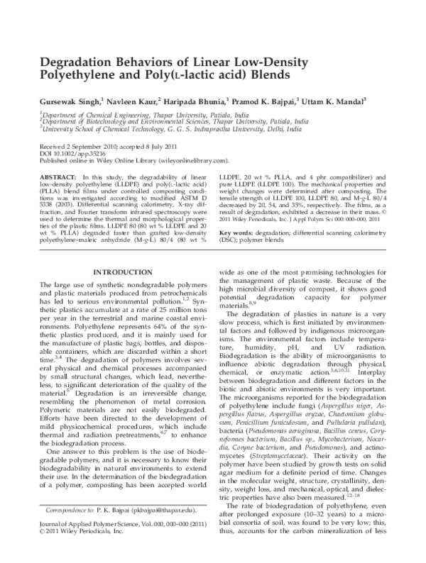 (PDF) Degradation behaviors of linear low-density polyethylene and poly ...