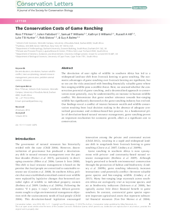 (PDF) The conservation costs of game ranching