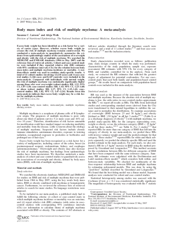 (PDF) Body mass index and risk of multiple myeloma: A meta-analysis of ...