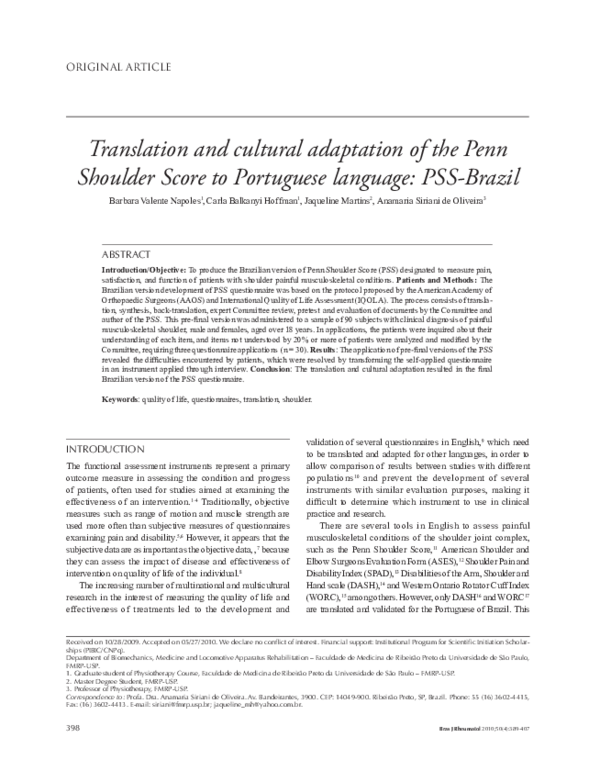 (PDF) Translation and cultural adaptation of the Penn Shoulder Score to ...